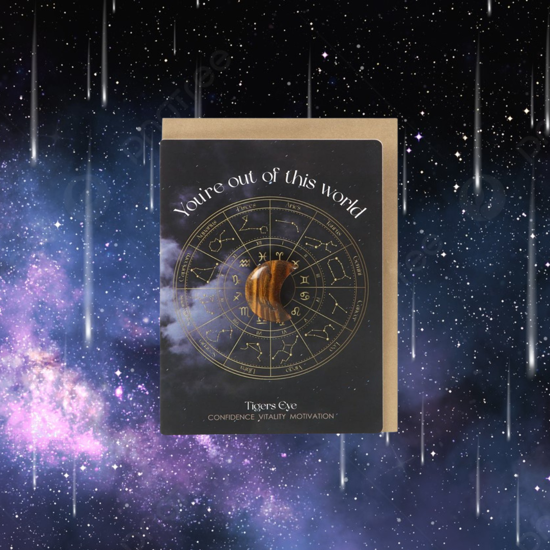 Out Of This World Tiger's Eye Crystal Moon Greeting Card