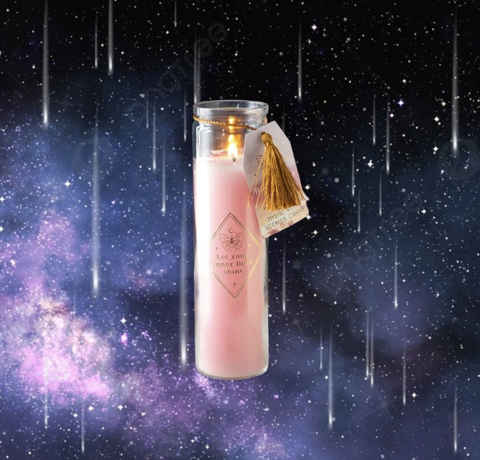 Mystic Rose Tube Candle with Rose Quartz Crystals