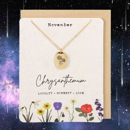 November Chrysanthemum Birth Flower Necklace Card