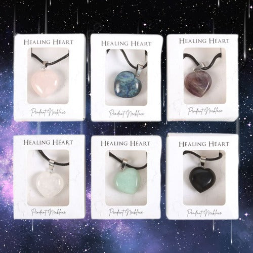 Set of 24 Healing Heart Crystal Necklaces in Display