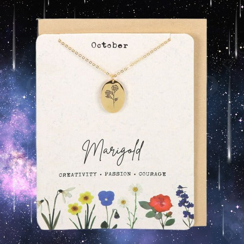 October Marigold Birth Flower Necklace Card